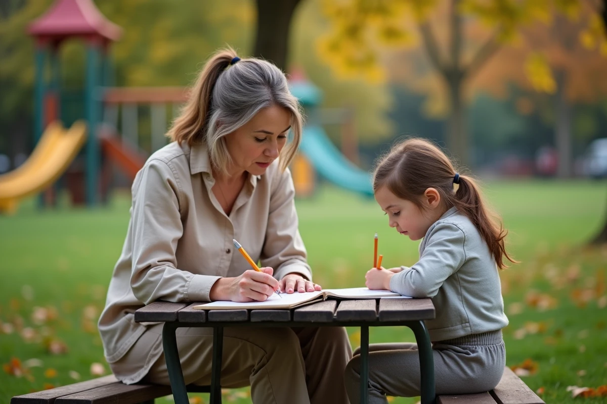 Femme écrivant dans un journal au parc avec sa fille