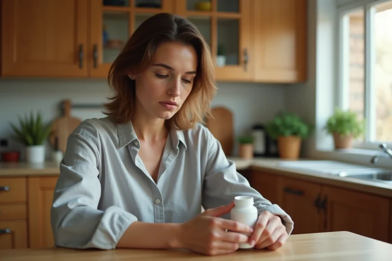 Femme lisant attentivement l'étiquette d'un complément capillaire Capillar dans sa cuisine