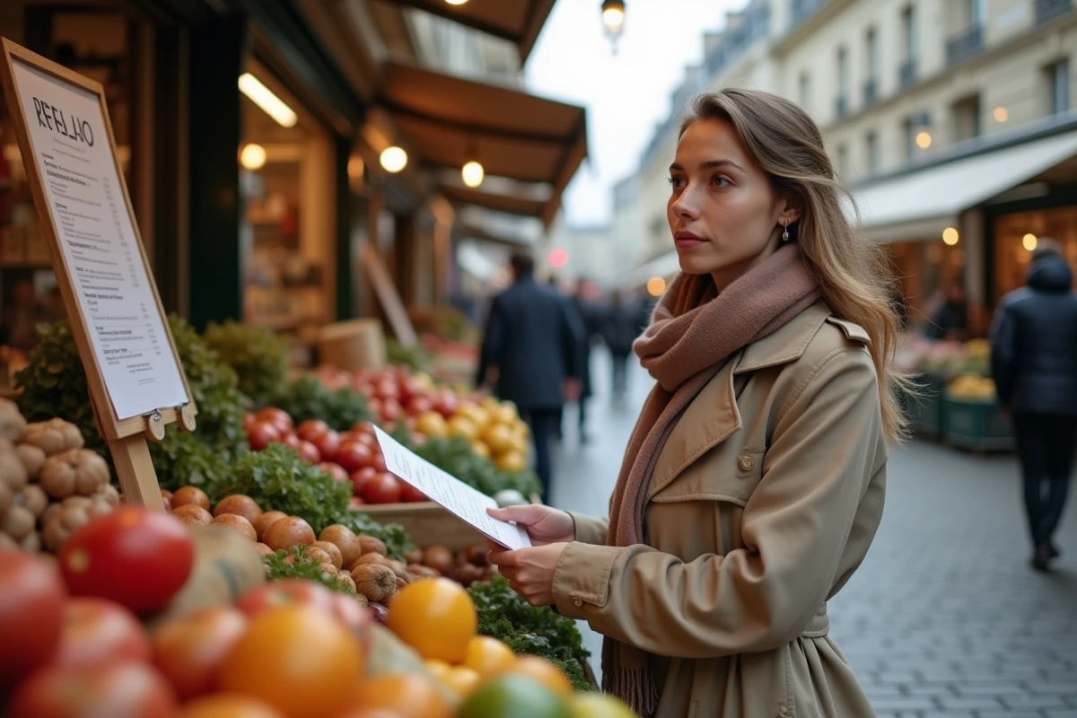 Jeune femme examinant les prix dans un marché parisien