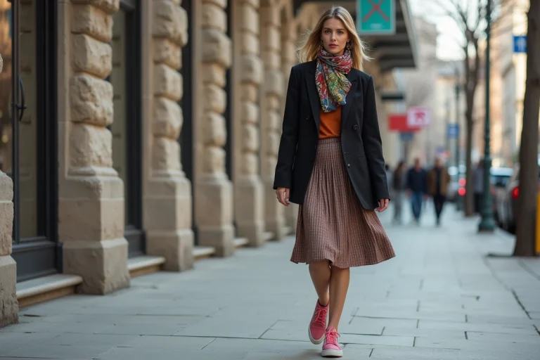 Femme élégante en blazer et jupe dans la ville