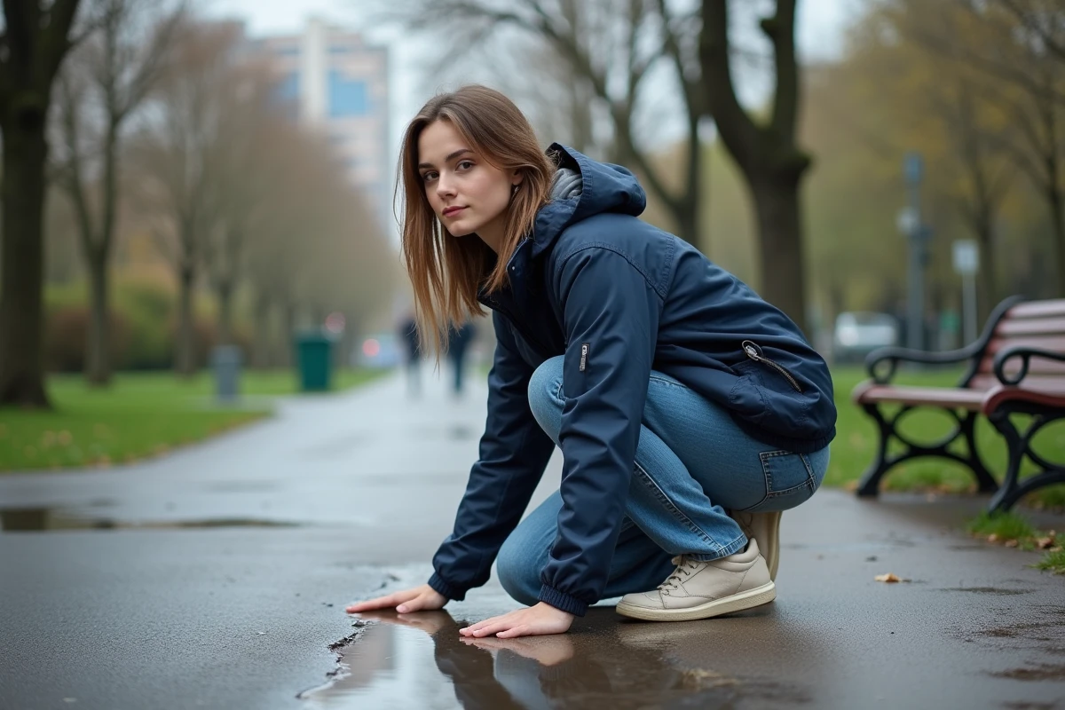 Jeune femme en jean et imperméable près d