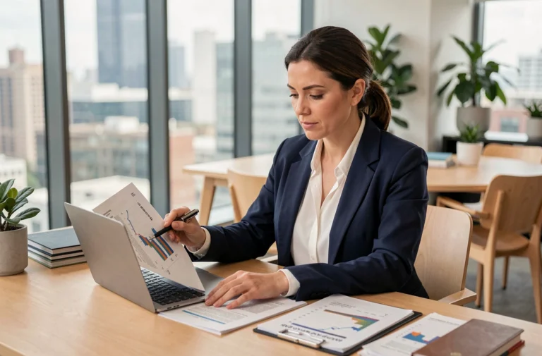Femme professionnelle analysant des solutions de crédit sur un ordinateur portable dans un bureau moderne