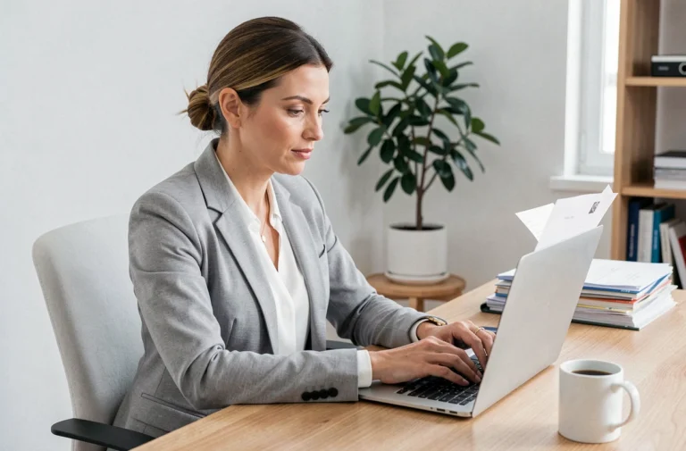 Femme professionnelle consultant des documents administratifs en ligne sur un ordinateur portable pour lever une OTCI