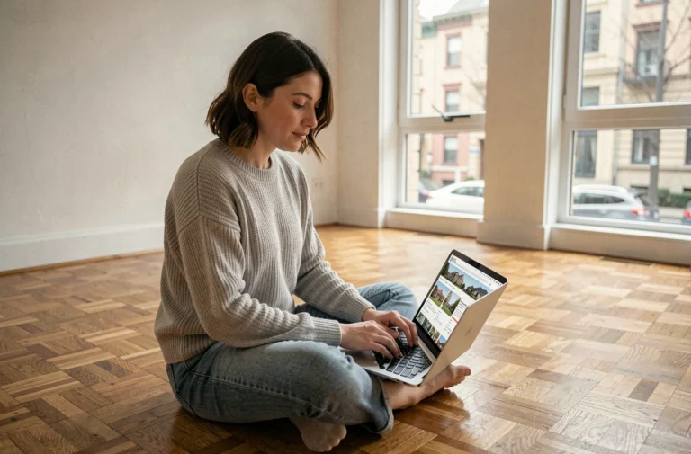 Jeune femme cherchant un logement sur un site d'annonces immobilières en ligne depuis son ordinateur portable