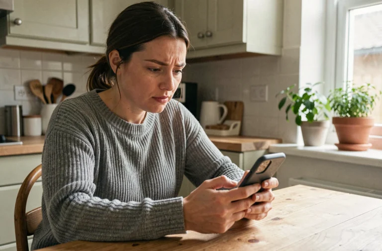 Femme utilisant un annuaire inversé gratuit sur son smartphone pour retrouver un numéro de téléphone portable