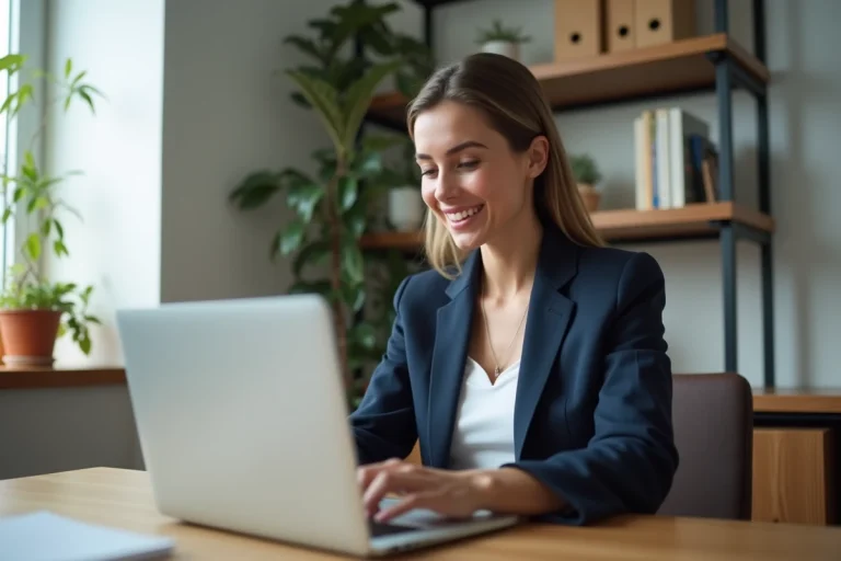 Femme consultant une plateforme de recherche d'emploi en ligne sur son ordinateur portable dans un bureau à domicile moderne