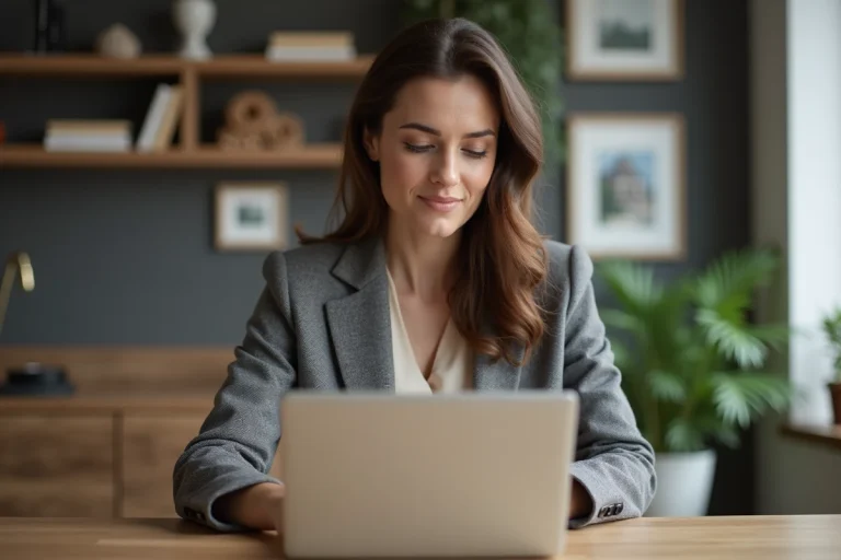 Femme en intérieur recherchant des annonces immobilières sur son ordinateur
