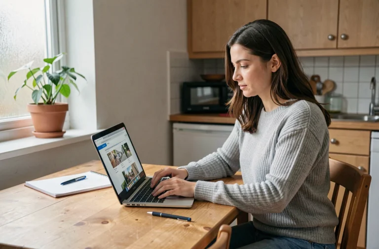 Femme cherchant un logement à louer sur son ordinateur portable dans une cuisine cosy