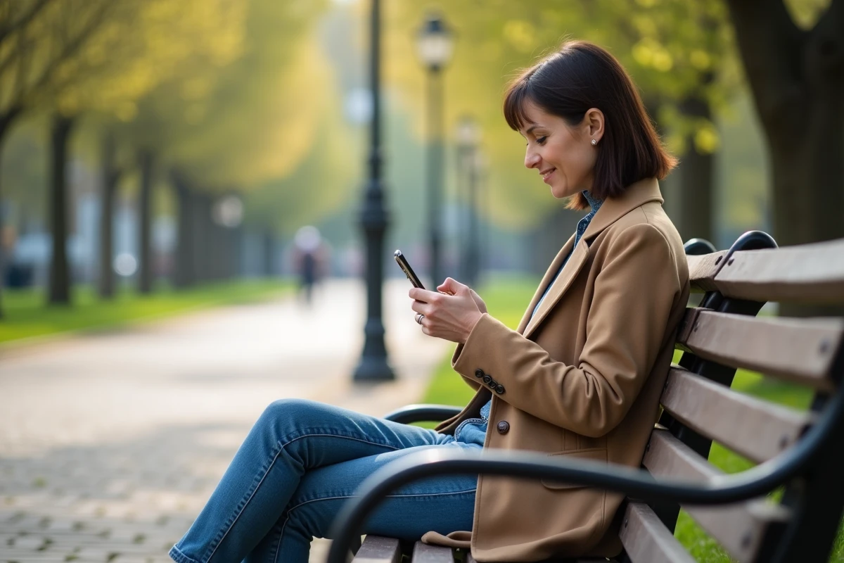 Femme seule assise sur un banc de parc en réflexion
