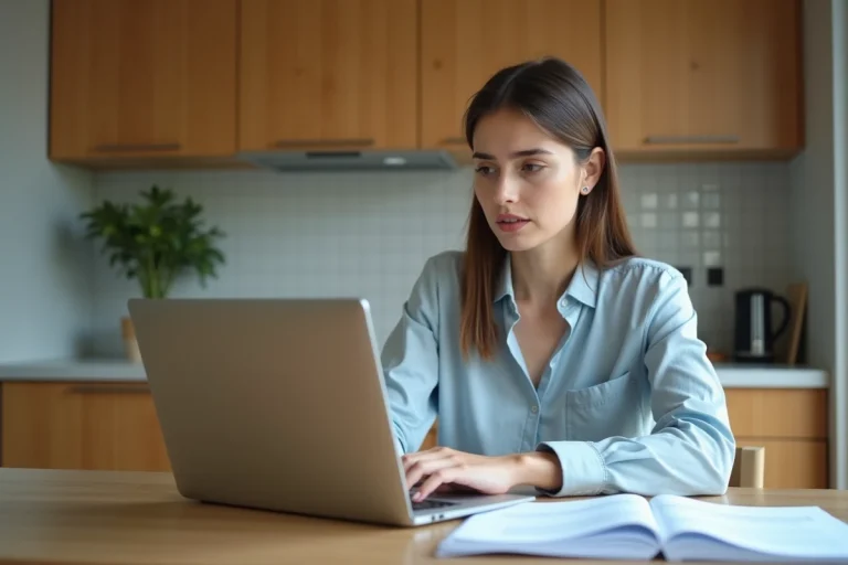Jeune femme regardant son relevé bancaire sur son ordinateur
