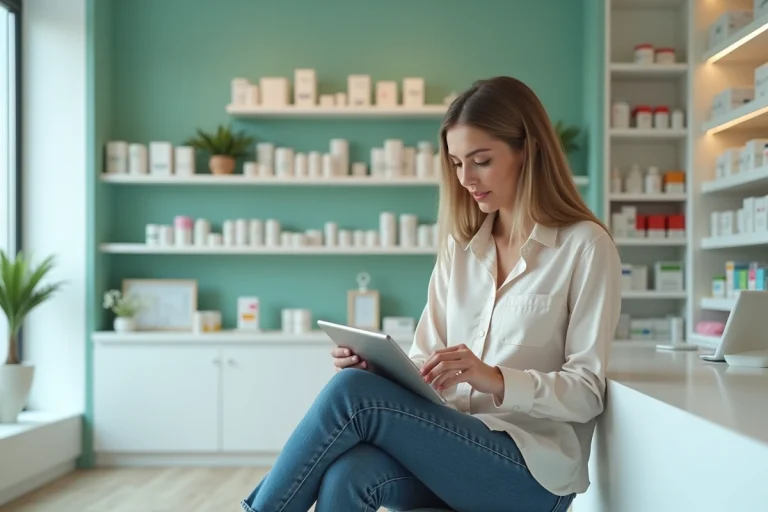Femme utilisant une tablette dans une pharmacie moderne