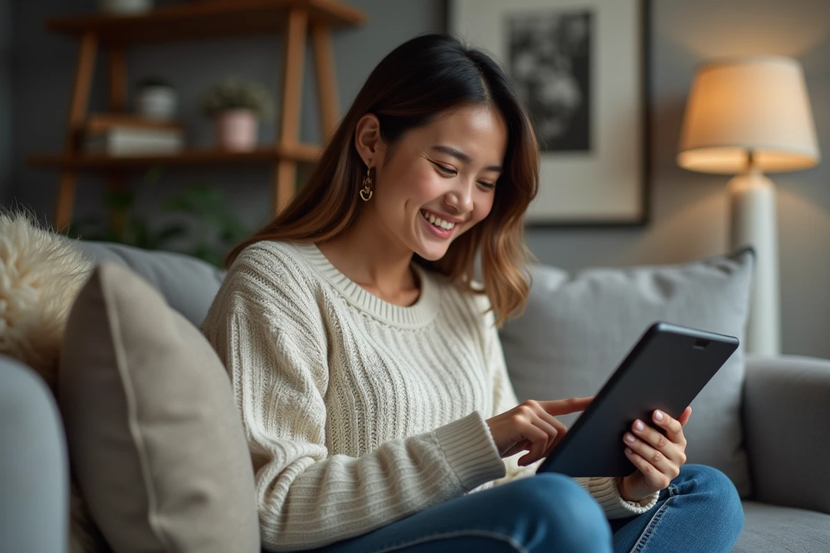 Jeune femme utilisant une tablette dans un salon cosy
