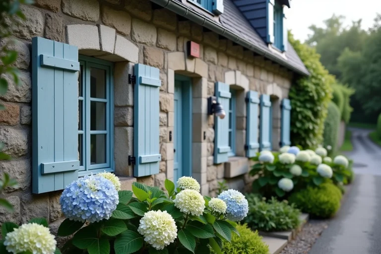Maison bretonne en granit avec fenêtres anthracite et volets blancs entourée d'hortensias