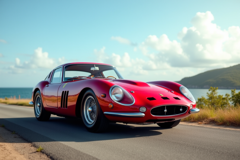 Ferrari 250 GTO rouge sur une route côtière ensoleillée