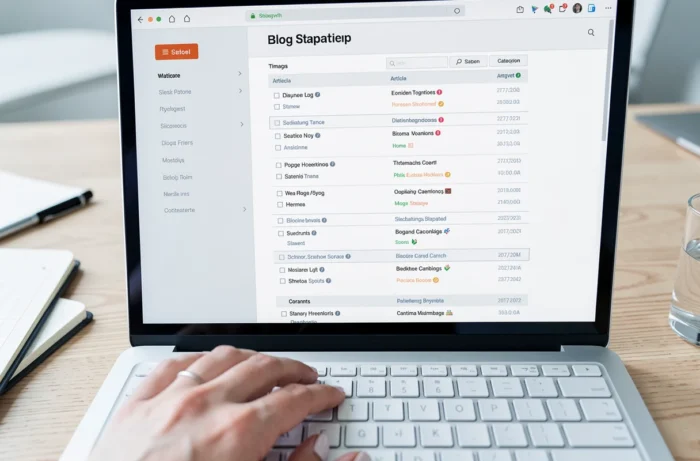 Gros plan sur un écran affichant une page sitemap de blog lifestyle avec une main féminine sur le bureau