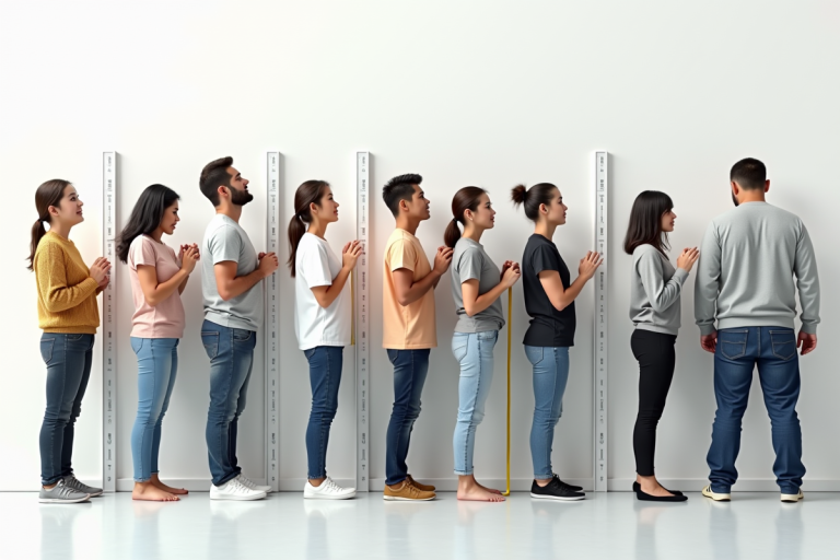 Groupe diversifié de personnes mesurant leur taille