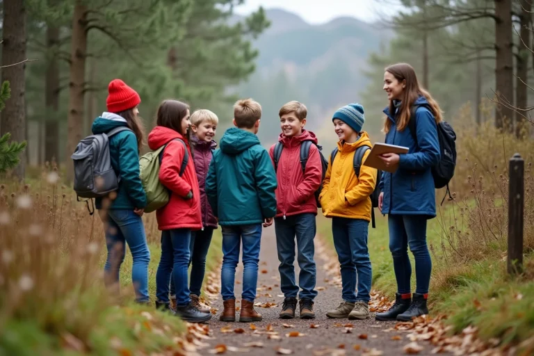 Enfants en sortie scolaire dans la forêt avec professeur