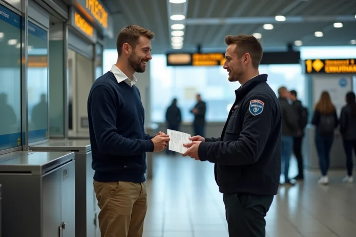 Homme au guichet SNCF demandant un changement de nom sur son billet de train auprès d'un agent en uniforme