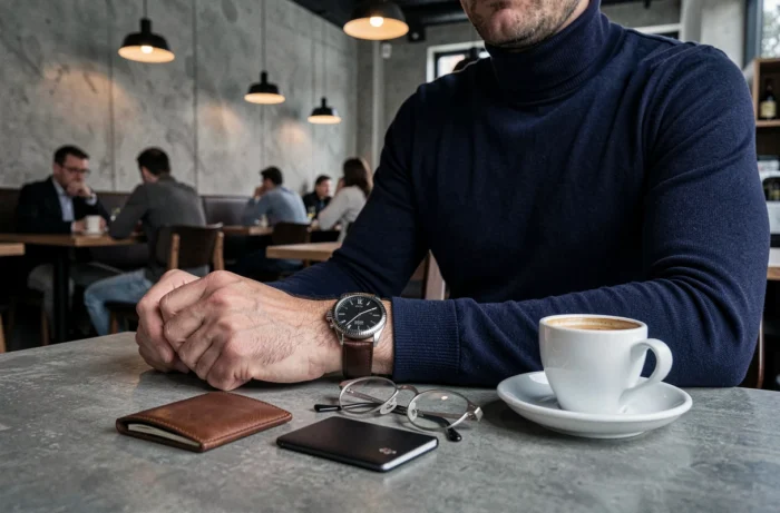 Homme élégant attablé dans un café moderne avec montre en cuir, porte-cartes et lunettes argentées comme accessoires tendance
