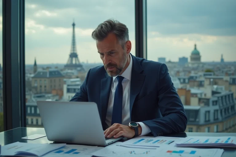 Homme d'affaires français analysant des graphiques économiques