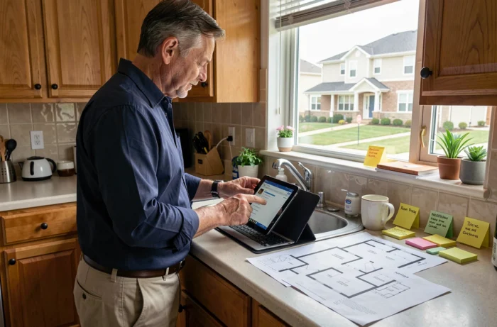 Homme consultant des annonces immobilières sur une tablette avec des plans imprimés sur un comptoir de cuisine