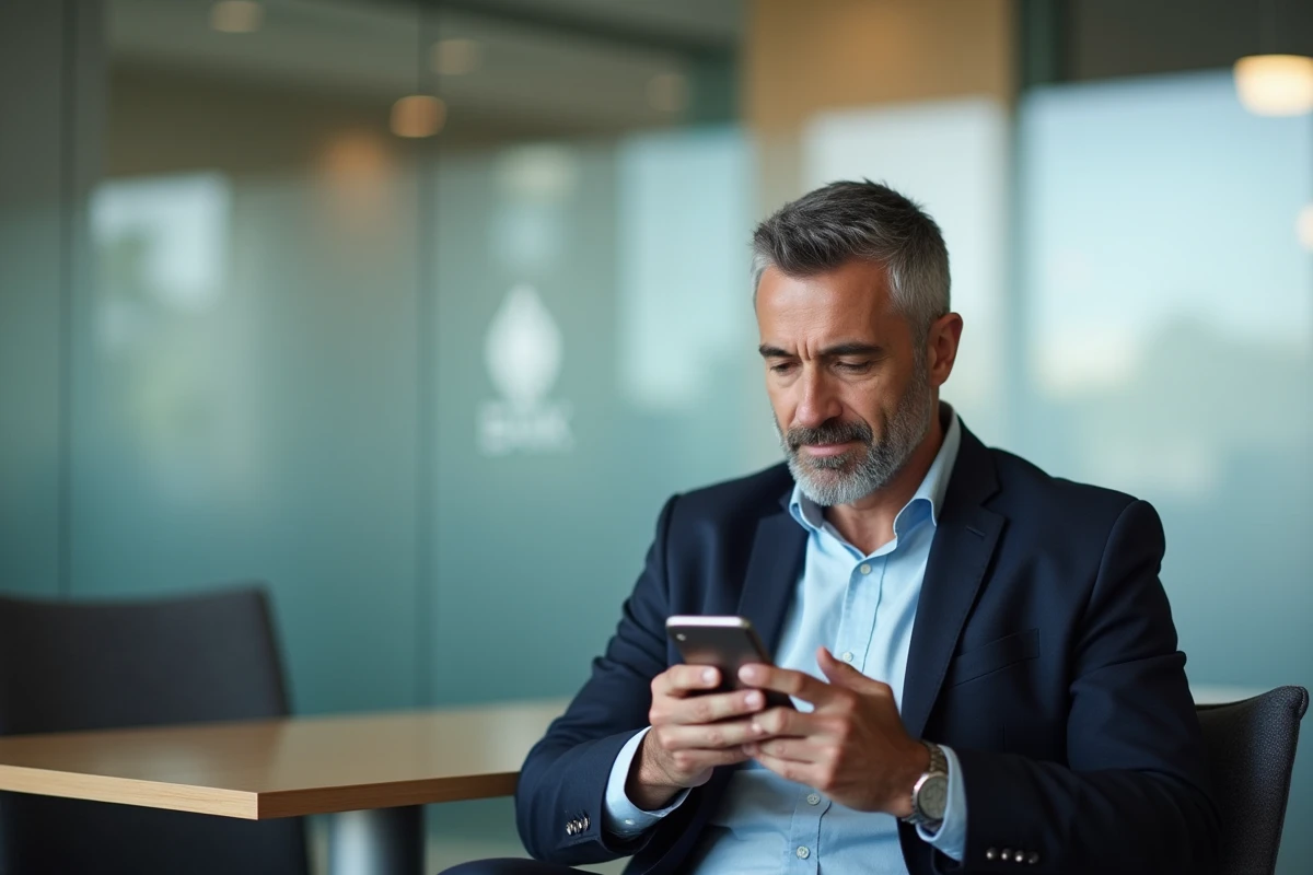Homme d âge moyen utilisant une application bancaire en agence