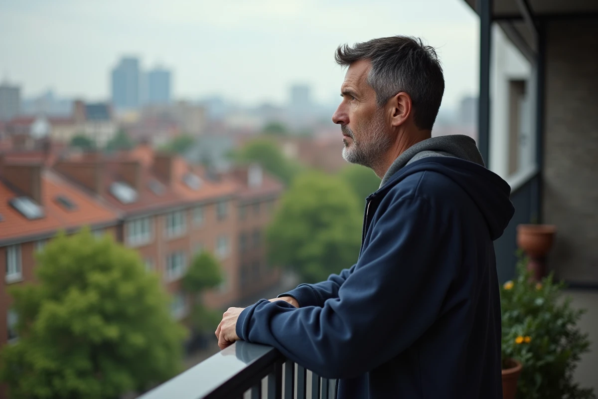 Homme regardant la ville depuis un balcon urbain