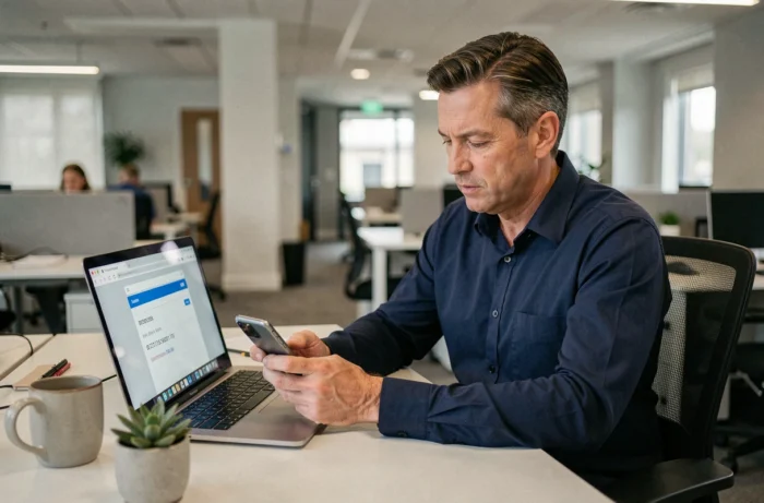 Homme au bureau effectuant une recherche d'annuaire téléphonique inversé gratuit sur son smartphone et son ordinateur