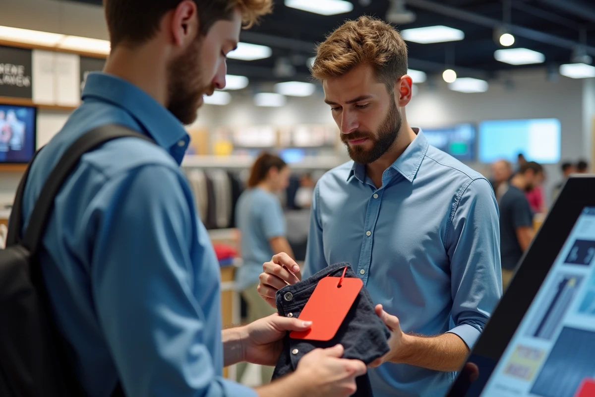 Homme vérifiant un article avec étiquette rouge au magasin
