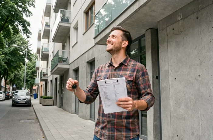 Homme tenant des clés d'appartement devant un immeuble lors d'une installation aidée par une prime en 2024