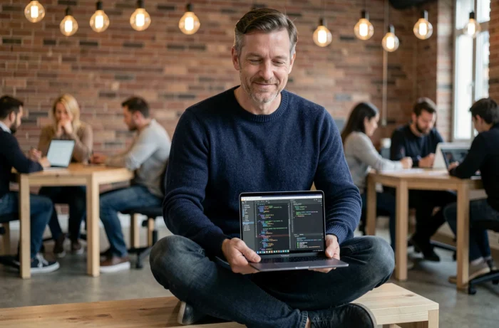 Homme développeur travaillant sur un ordinateur portable dans un espace de coworking avec un environnement de codage