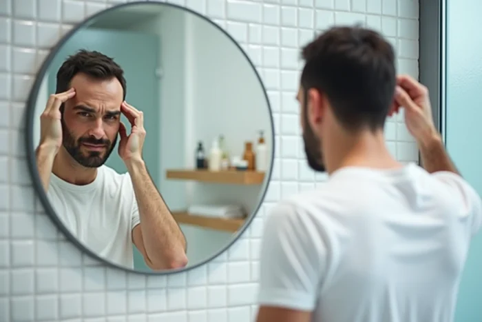 Homme examinant son cuir chevelu dans le miroir d'une salle de bain moderne