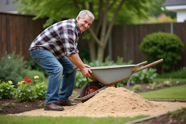 Homme en vêtements de jardinage qui étale du sable dans le jardin