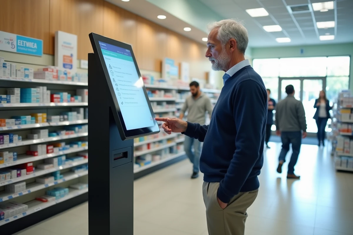 Homme devant un kiosque interactif dans une pharmacie lumineuse
