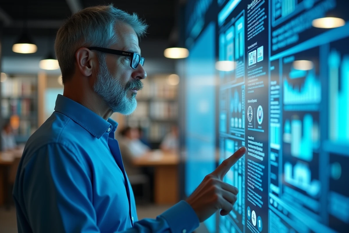 Homme en chemise bleue consulte un écran interactif