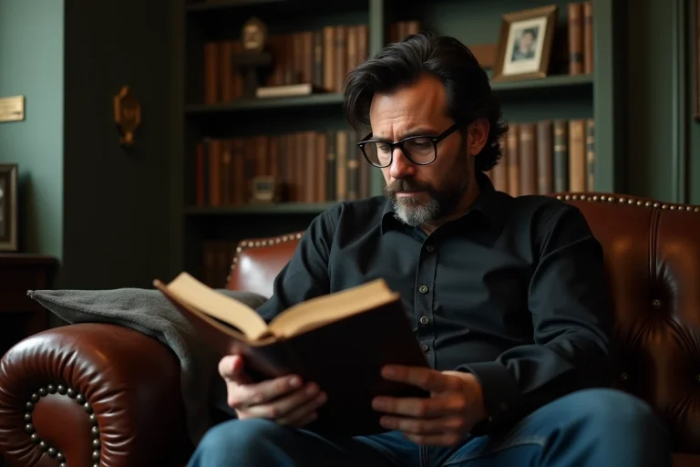 Homme en lecture dans une bibliothèque ancienne