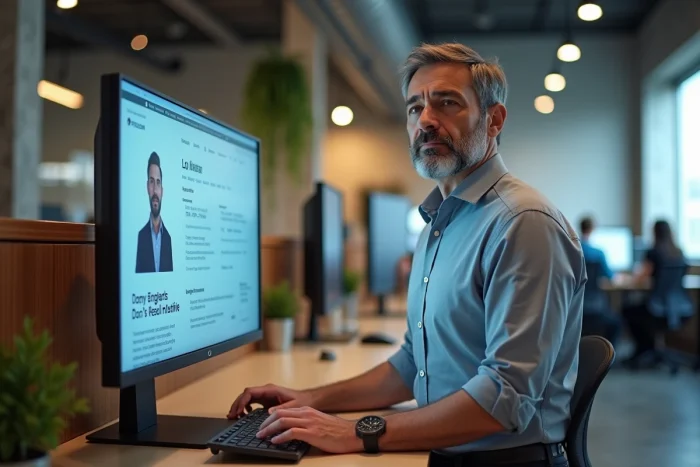 Homme mettant à jour son profil professionnel sur un site de recrutement dans un espace de coworking moderne