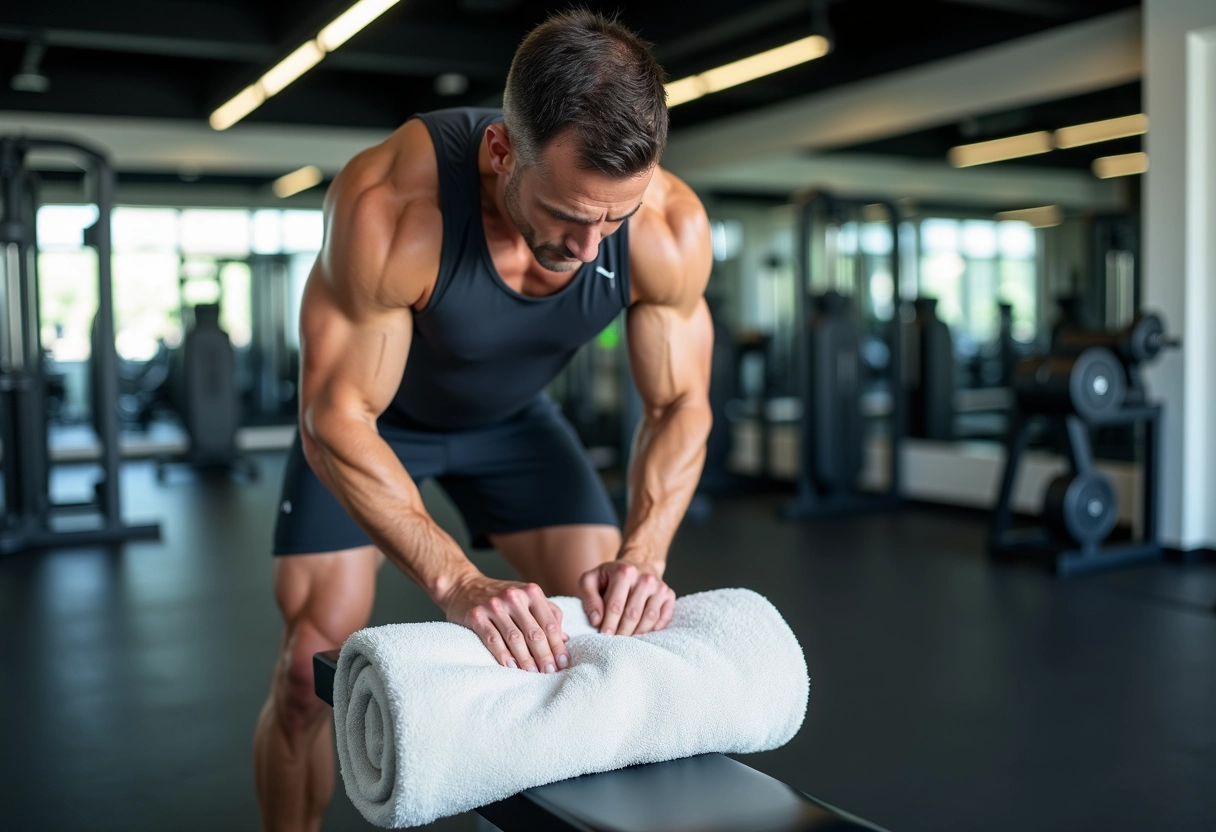 Homme musclé posant avec une serviette dans la salle de sport