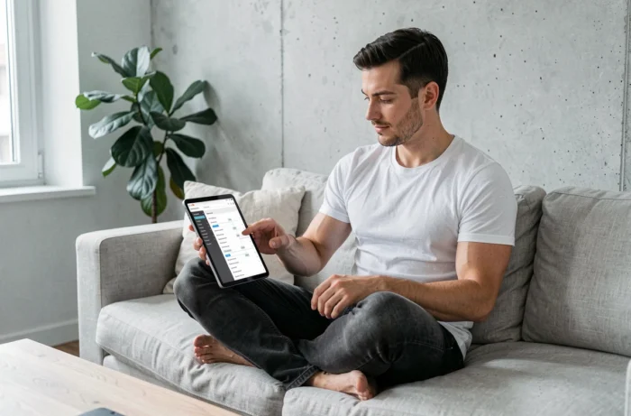 Homme naviguant sur la page sitemap d'un blog lifestyle via une tablette dans un salon scandinave