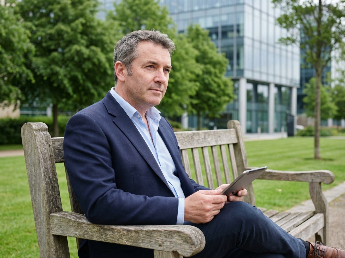 Homme lisant une tablette dans un parc urbain