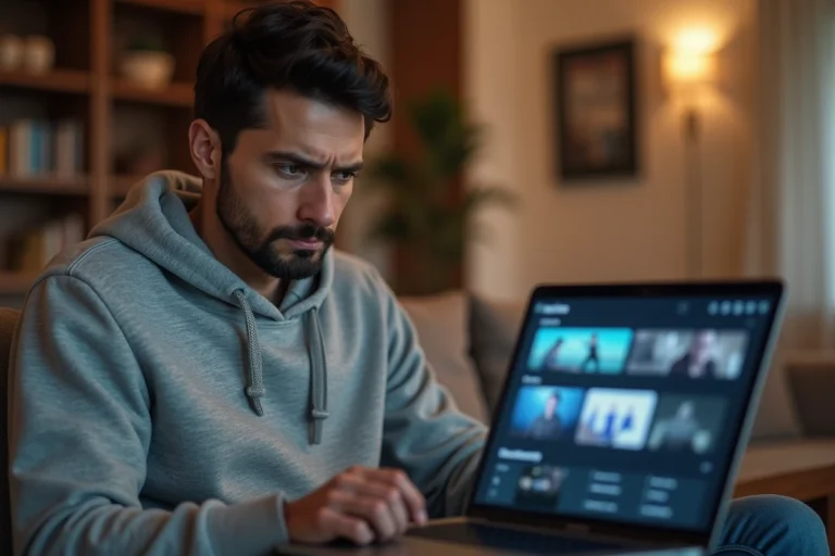 Homme sceptique devant un site de streaming non officiel sur son ordinateur portable dans un salon moderne