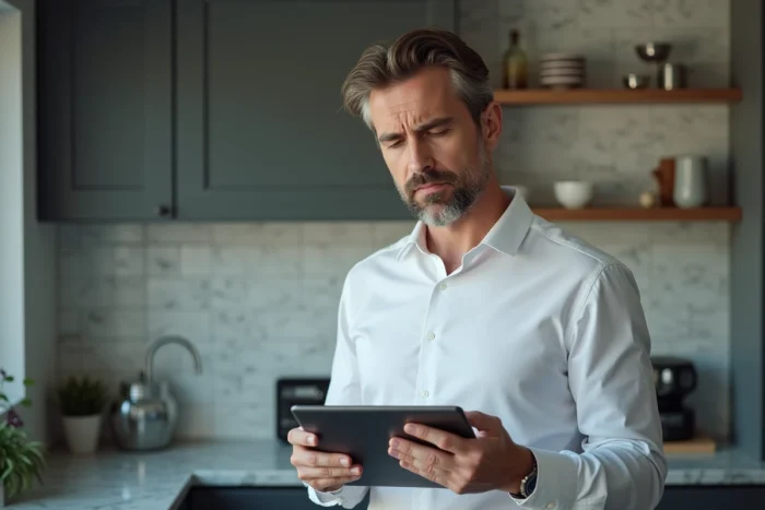 Homme d'âge mûr consultant un site de streaming suspect sur une tablette dans une cuisine moderne
