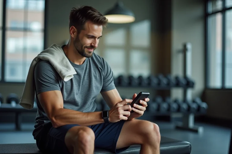 Jeune homme en salle de sport vérifiant son tracker fitness