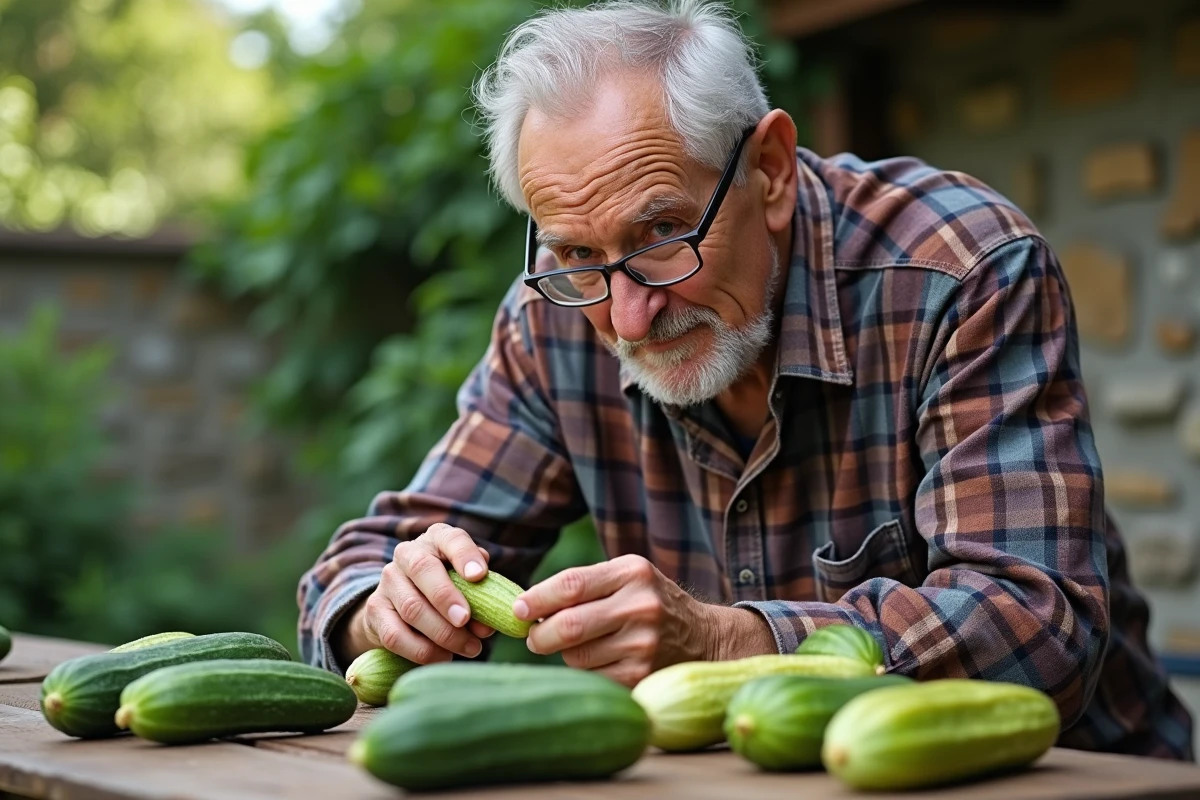 Homme âgé inspecte des courgettes dans le jardin