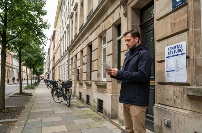 Homme consultant une annonce de location devant un immeuble résidentiel en ville