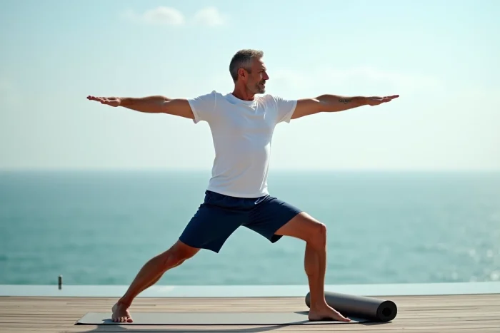 Homme pratiquant le yoga en plein air sur une terrasse en bois face à la mer, symbolisant l'équilibre physique et mental apporté par le sport