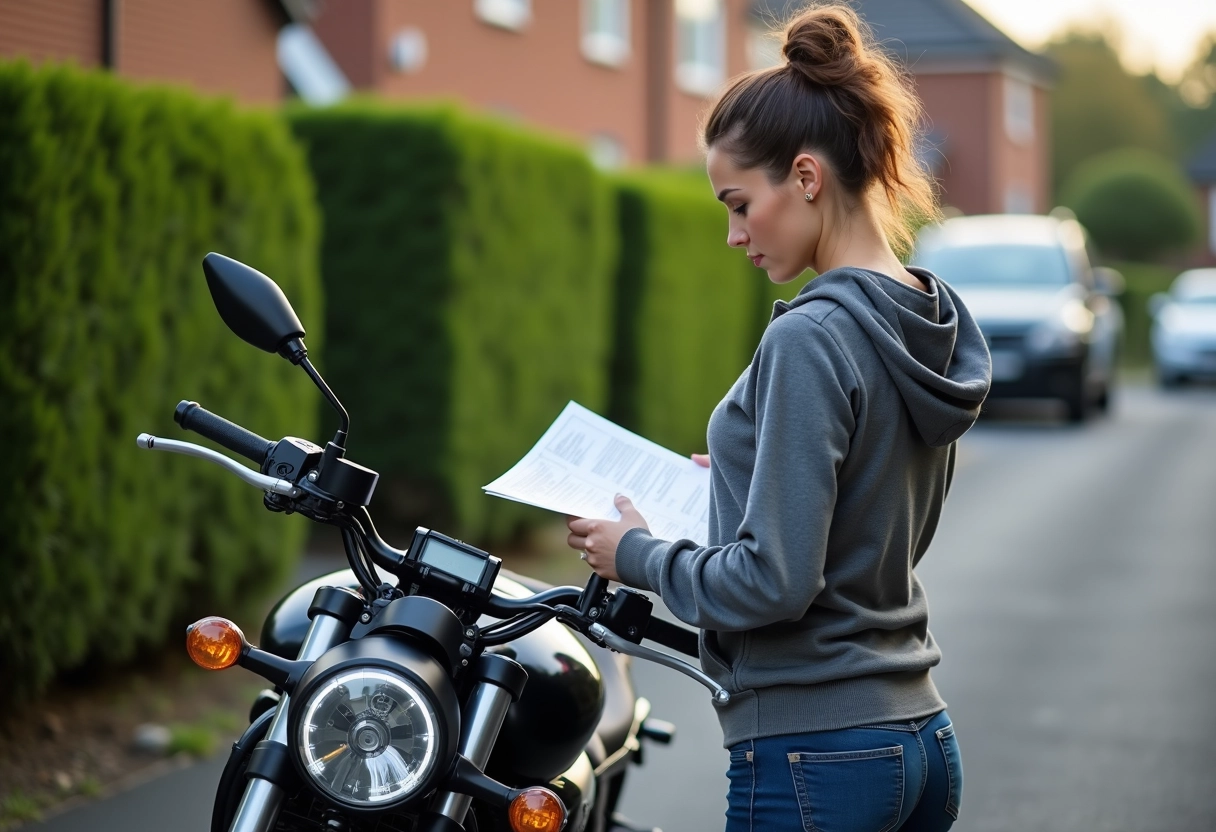 Femme inspectant la Yamaha MT 125 dans une cour résidentielle