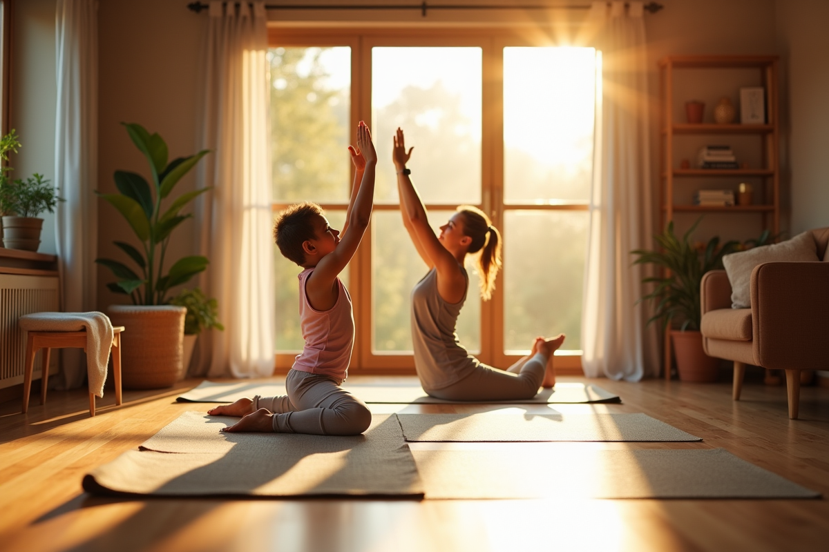 Therapeute faisant du yoga avec son enfant à la maison
