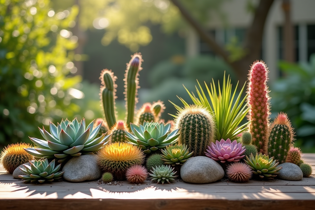 Jardin moderne avec succulentes colorées sur une table en bois