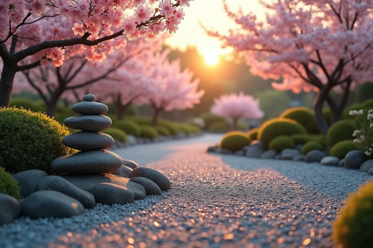 Jardin zen japonais au lever du soleil avec gravier ratissé